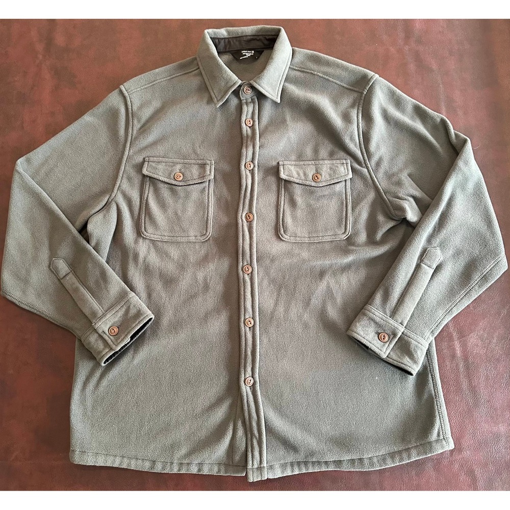 Members Mark Mens Polar Fleece Shirt Jacket Large Gray Olive Button Up Shacket